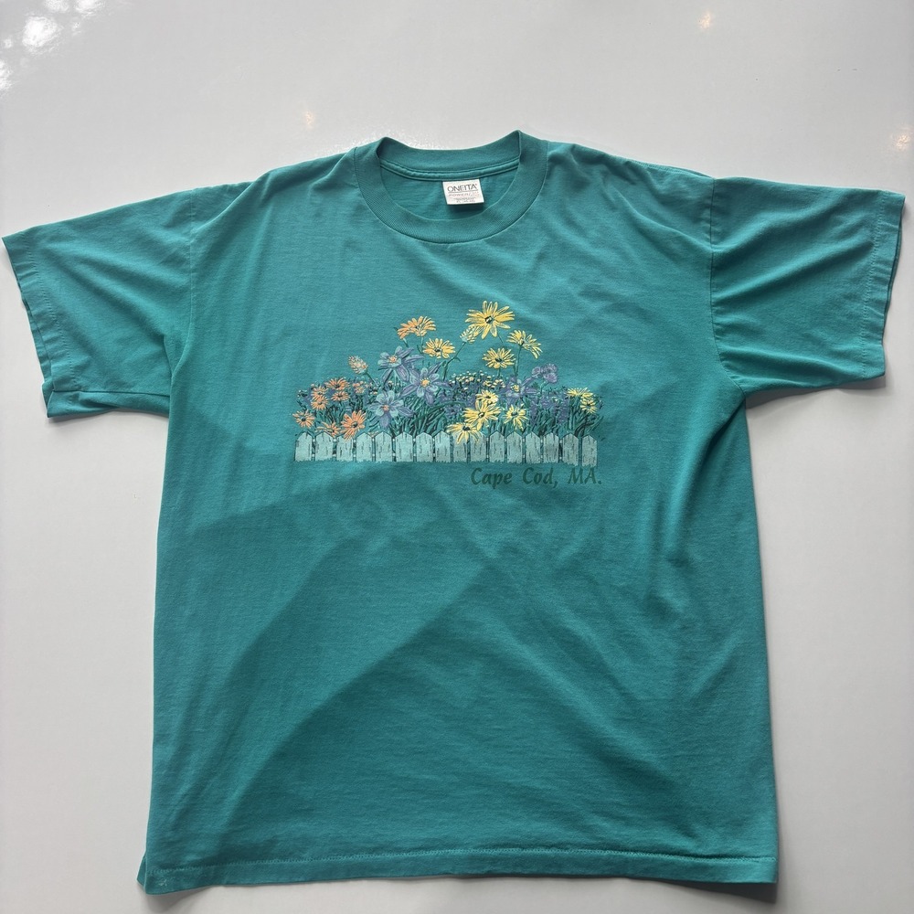 Vintage Oneita Power/50 Plus Cape Cod Floral Picket Fence T-Shirt Men's XL Teal